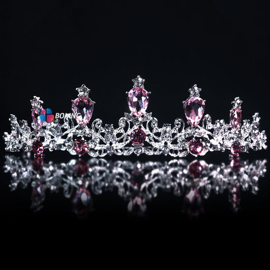 Bomng Temperament Luxury Crystal Pink Diamond Bridal Crown Headband