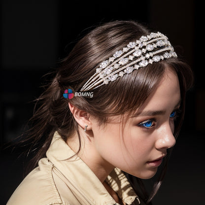 Bomng exquisite wide-rimmed multi-layered luxury diamond-studded crown headband